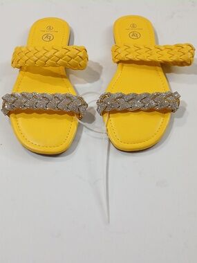 Beautifully You Semi-New Braided Yellow Slide Sandals with Rhinestone Accent